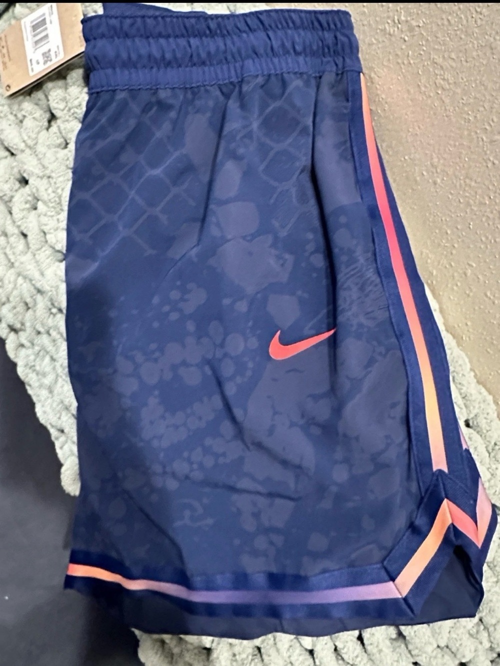 Nike Navy Shorts with Coral Swoosh and Pink/Orange Stripe Accents